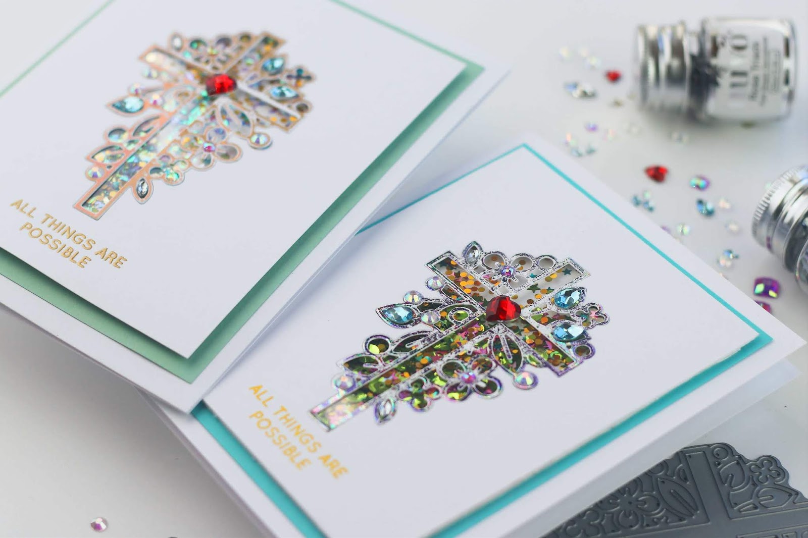 Beaded Foiled Shaker cards with Outline Floral Cross by Simon Says Stamp