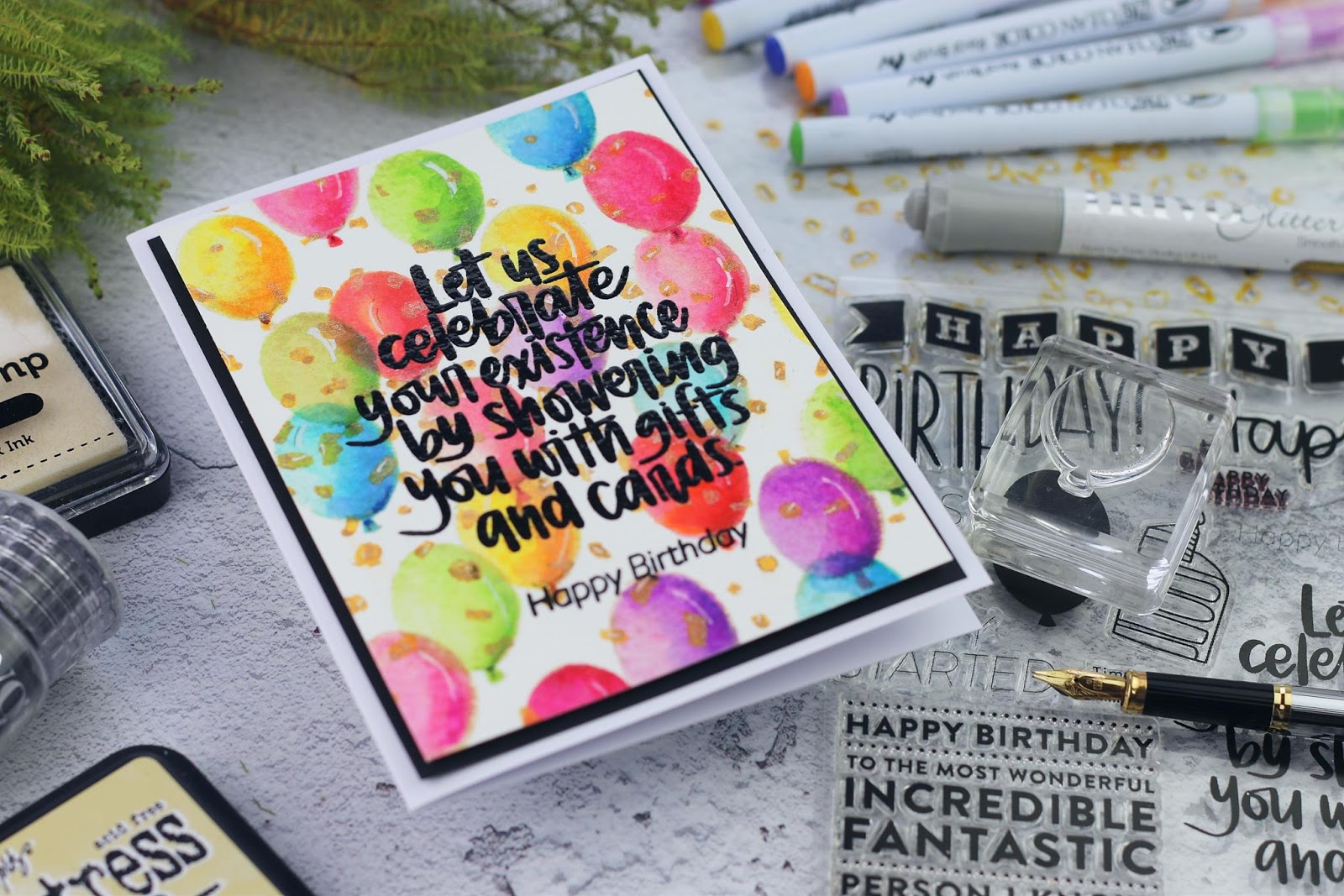 Watercolour Balloons with Big Birthday Greetings Stamp set by Simon Says Stamp