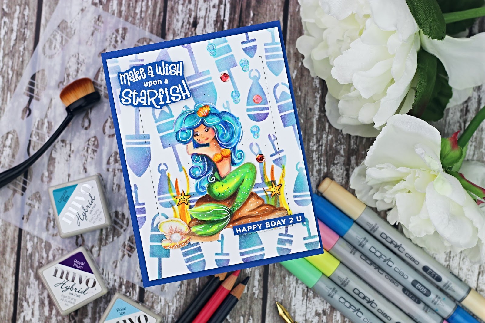 Surprise Card + Copic No-Line Coloring with Beautiful Mermaids by Simon Says Stamps
