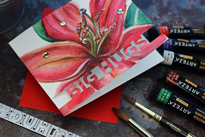 Hand Painted Card + Arteza watercolours and Bright Rosa Dies