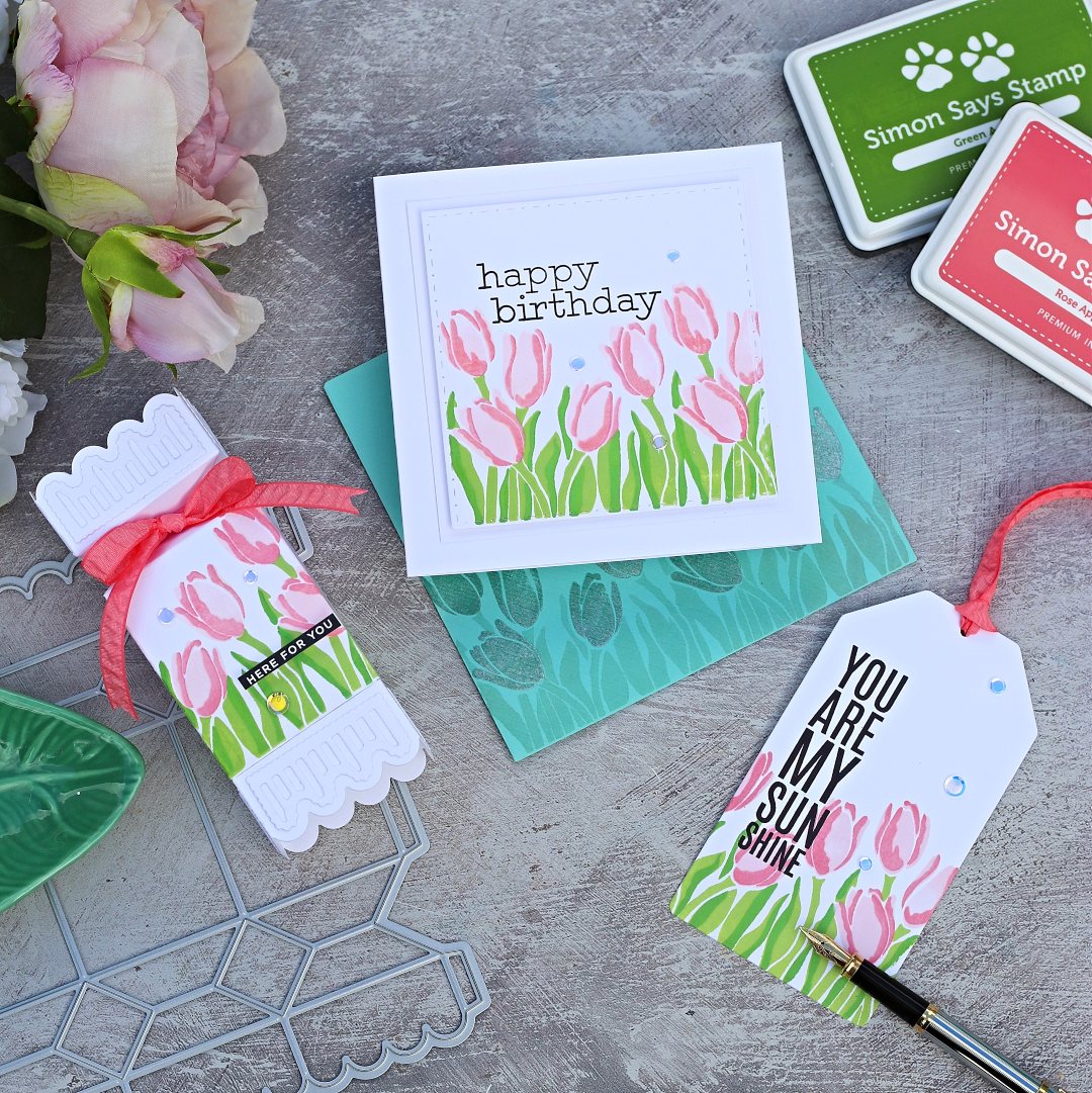 Cracker Box, Card and Tag with Layered Tulips stamp set by Simon Says Stamp