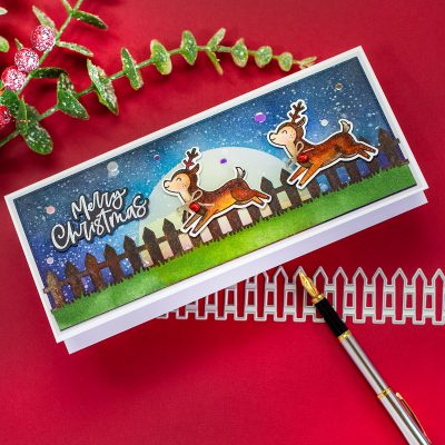 Slimline Reindeer Xmas Scene With Woodland Winter Animals by Honey Bee Stamps