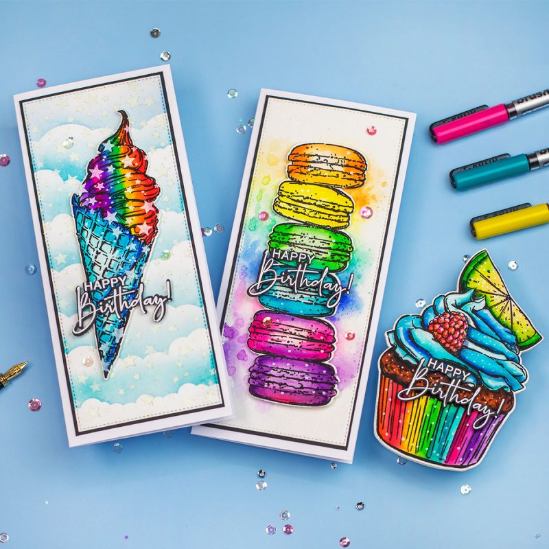 Rainbow Slimline Cards  Big and Bold Ice Cream, Macaroon, Cupcake by CCC