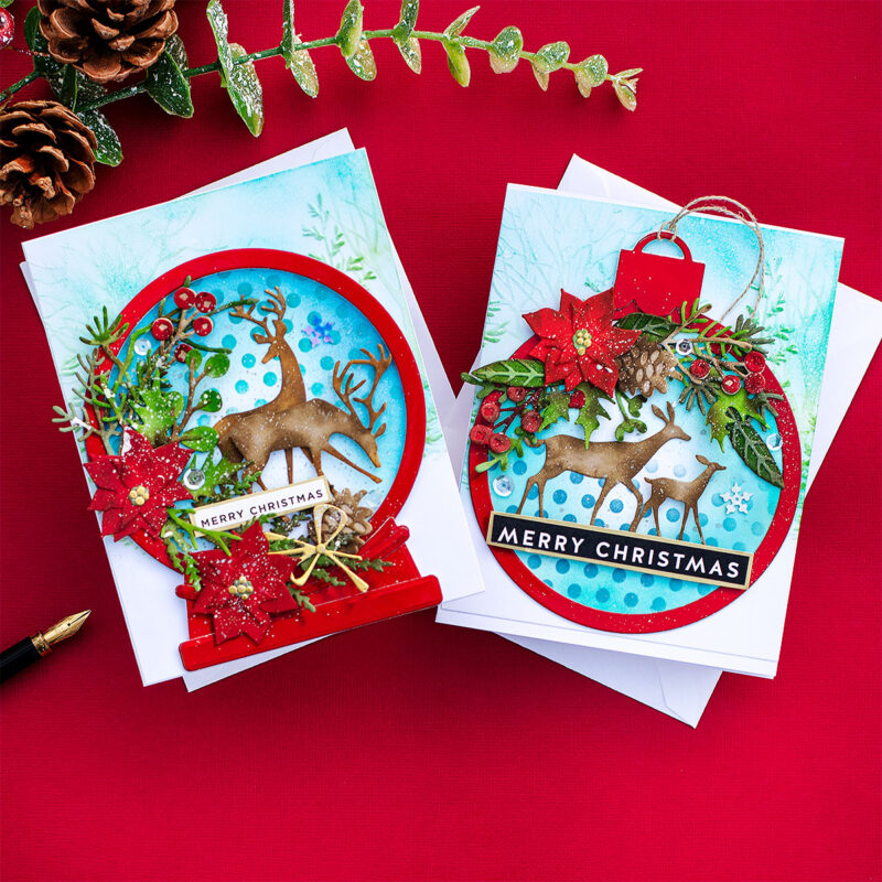 Diecut Xmas Cards Globe & Ornament + Tim Holtz Darling Deer and Funky