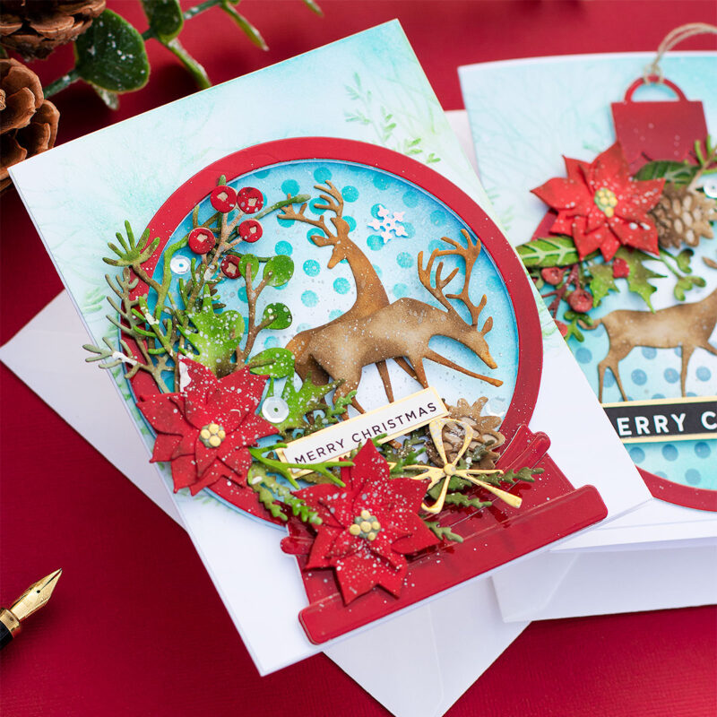 Die-cut Xmas Cards Globe & Ornament + Tim Holtz Darling Deer and Funky Festive