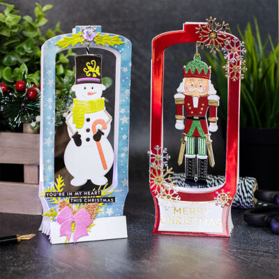 Interactive Slimline Christmas Cards Pop-Up + Nutcracker and Snowman Spinners