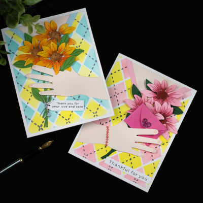 Super Cute Stencilled & Die-Cut Cards |Daisies, Hands, and Argyle Backgrounds